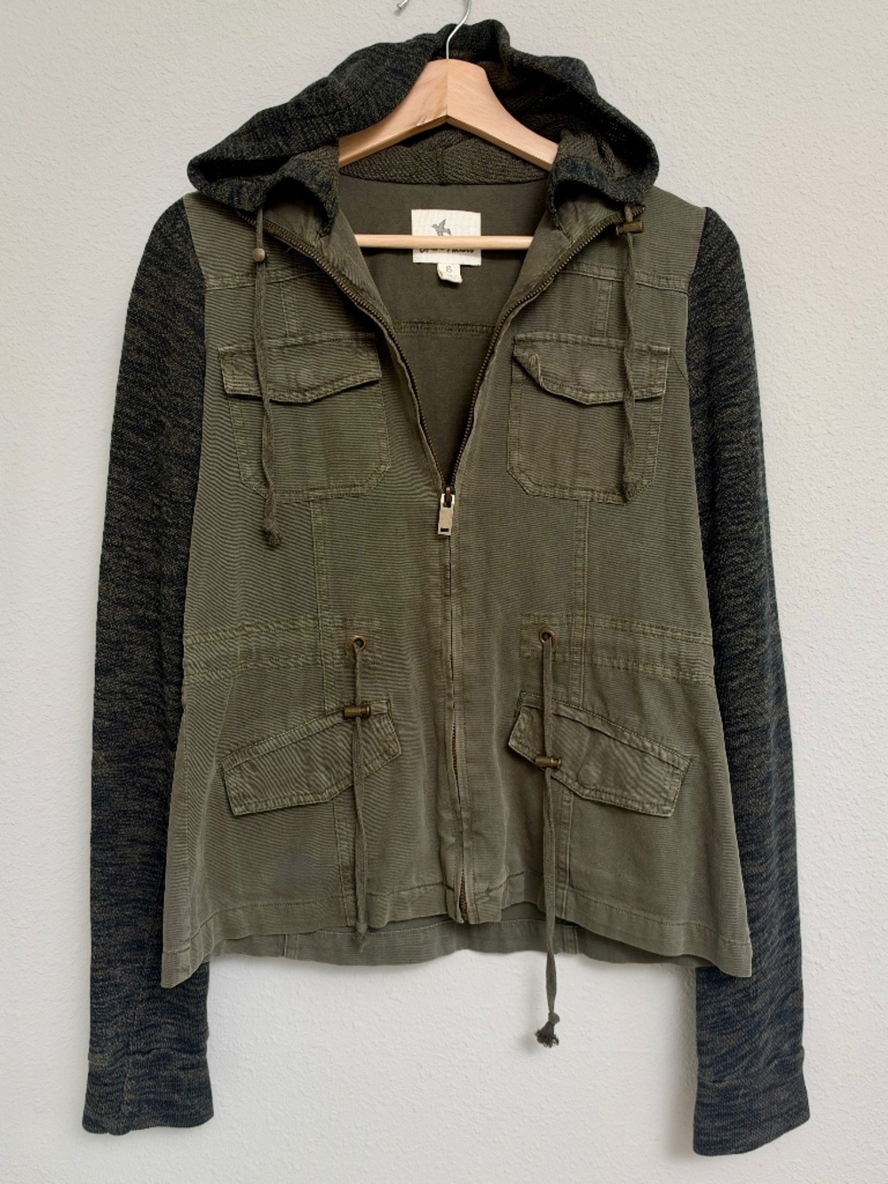 Olive & Oak Olive Green Utility Jacket Knit Sleeves Hooded Size S